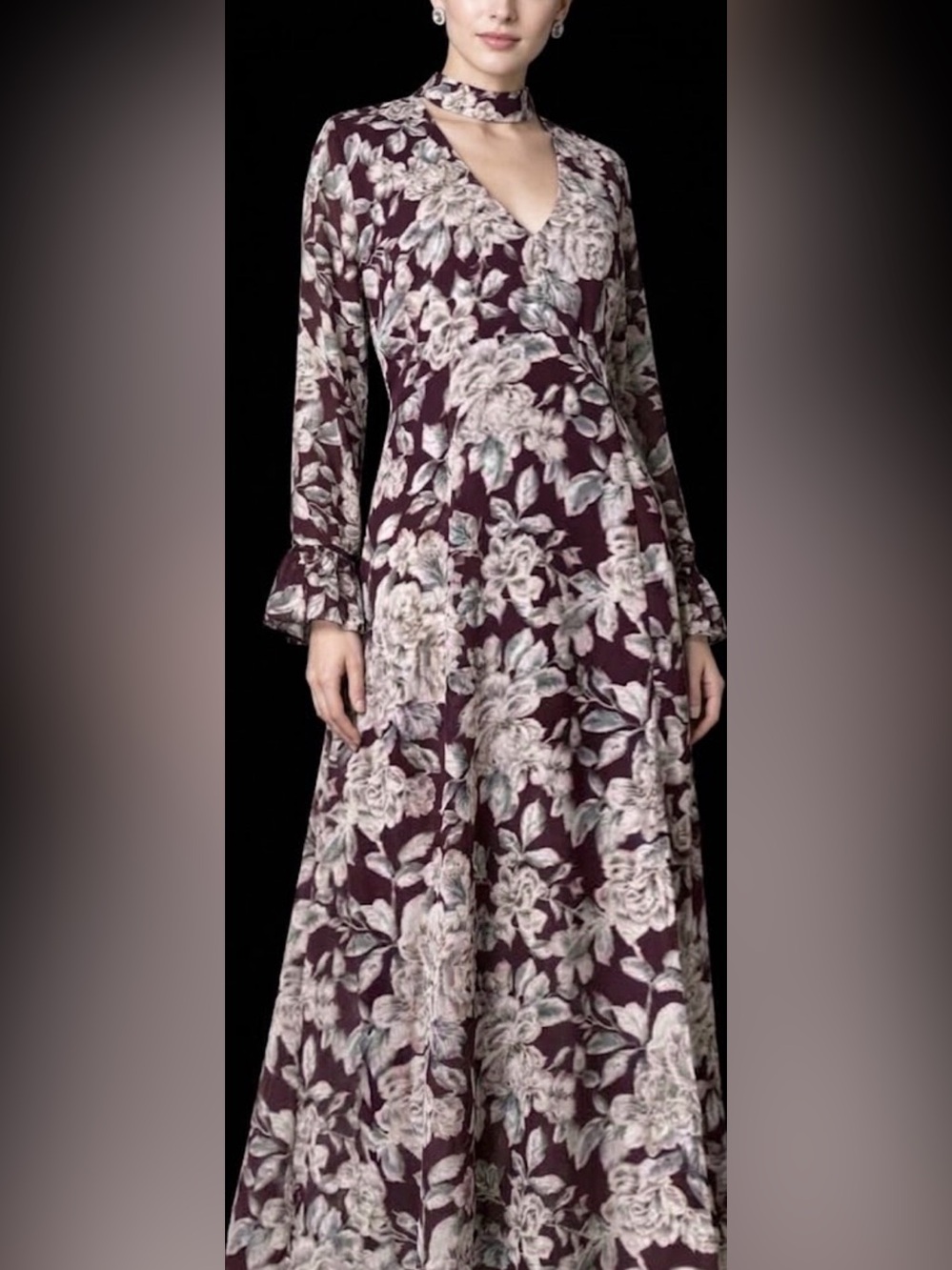 Honey Belle Plum Floral Choker V‑Neck Maxi Dress - Picture 2 of 12
